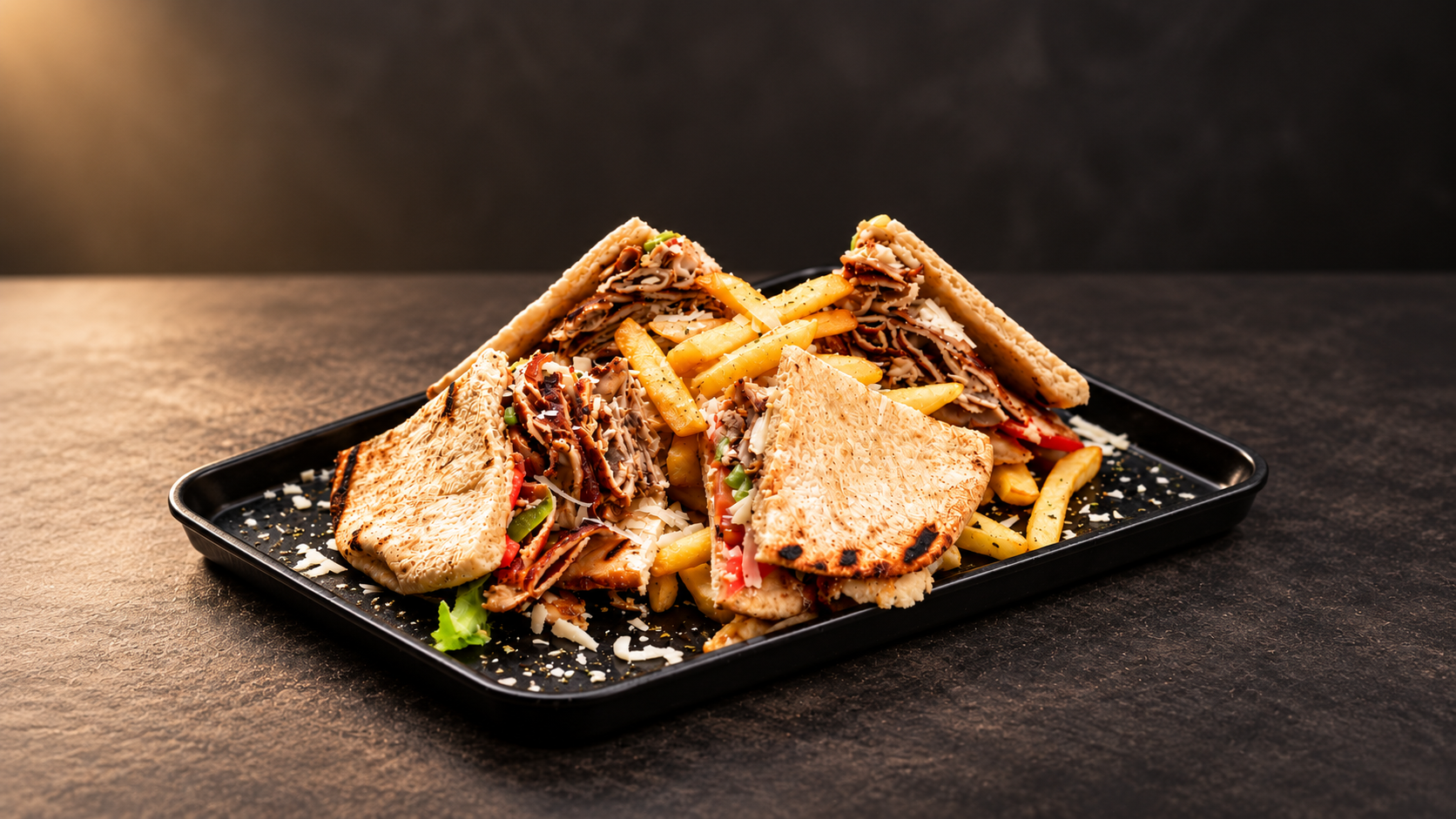 Club Gyros mit Pommes, Tomate, Zwiebel und Dip